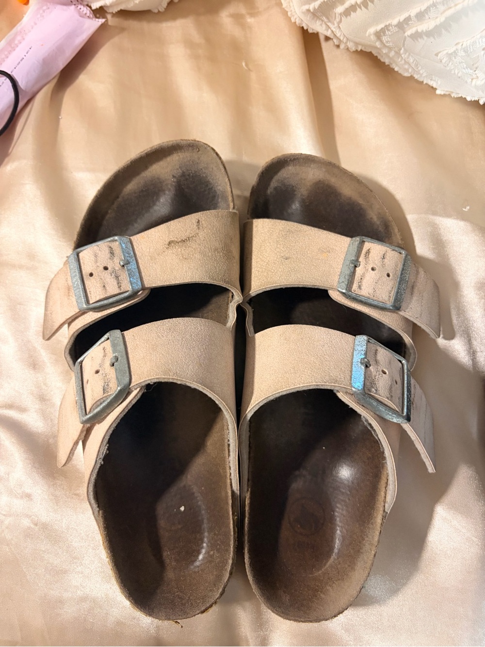 Birkenstock Beige Double-Strap Suede Slide Sandals